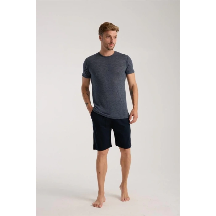 Moda Erkek Lacivert Sıfır Yaka Kısa Kol Şortlu Pijama Takımı