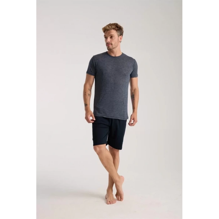 Moda Erkek Lacivert Sıfır Yaka Kısa Kol Şortlu Pijama Takımı