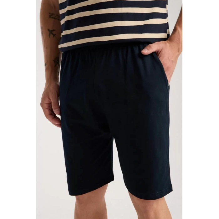 Moda Erkek Lacivert Sıfır Yaka Kısa Kol Şortlu Pijama Takımı