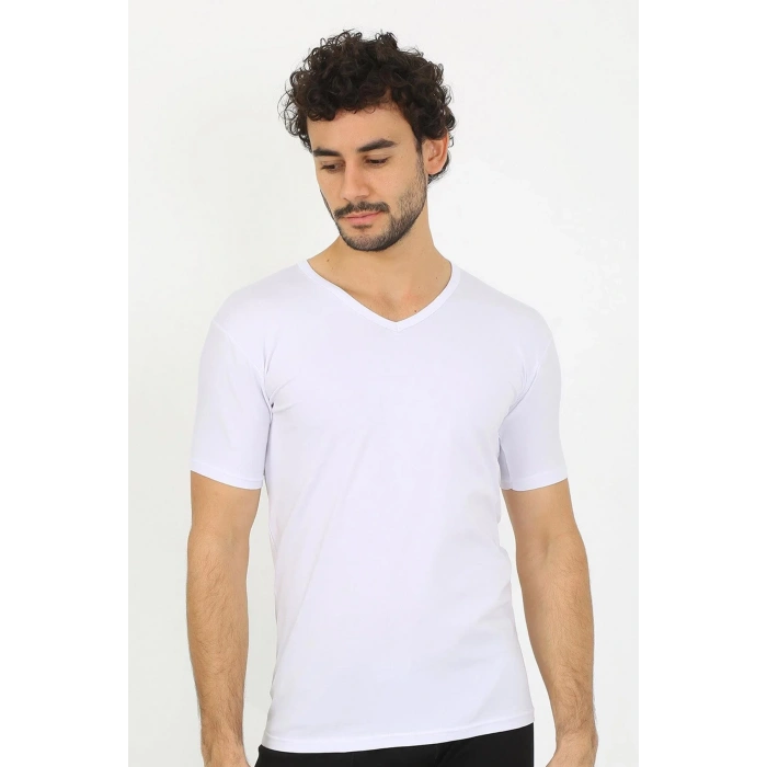 Moda Erkek Likralı V Yaka Beyaz T-Shirt