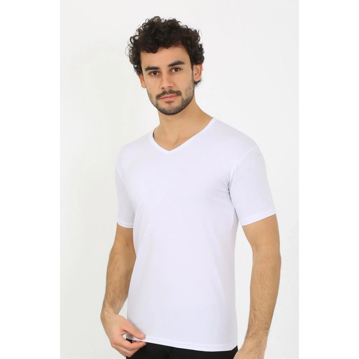 Moda Erkek Likralı V Yaka Beyaz T-Shirt