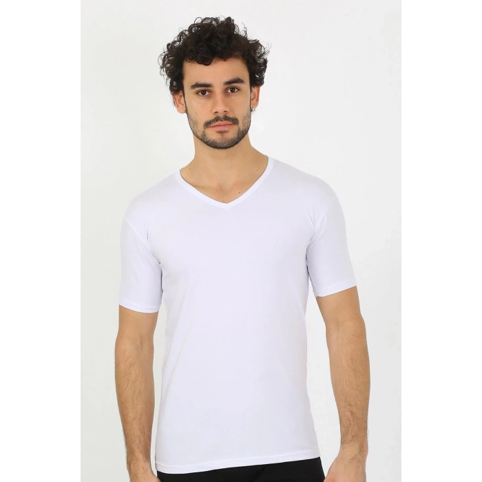 Moda Erkek Likralı V Yaka Beyaz T-Shirt