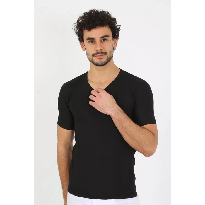 Moda Erkek Likralı V Yaka Siyah T-Shirt