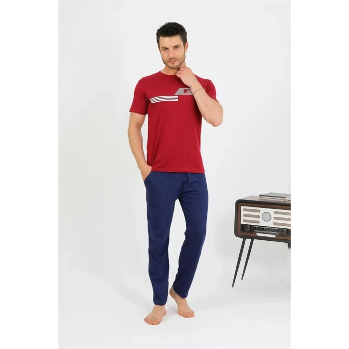 Moda Erkek Pamuk Kısa Kol Pijama Takım Bordo
