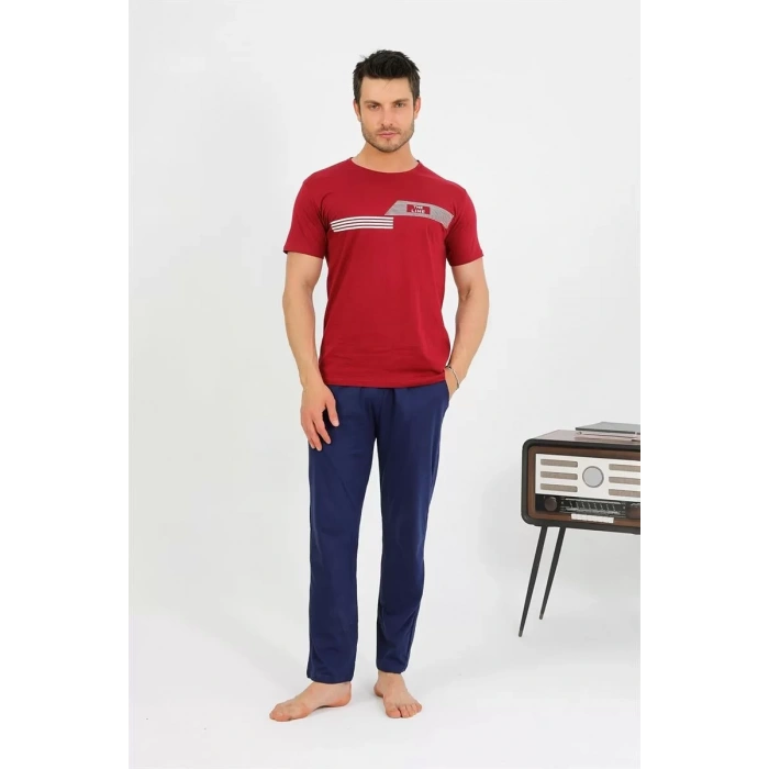 Moda Erkek Pamuk Kısa Kol Pijama Takım Bordo