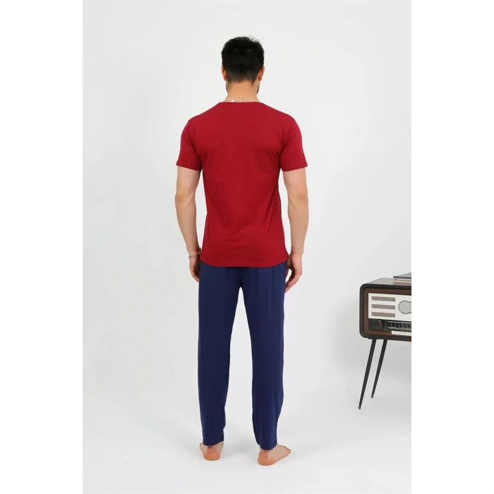 Moda Erkek Pamuk Kısa Kol Pijama Takım Bordo