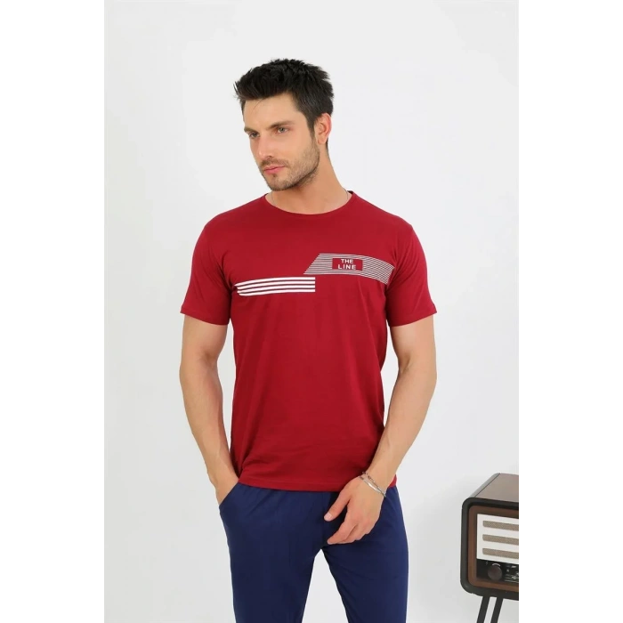Moda Erkek Pamuk Kısa Kol Pijama Takım Bordo