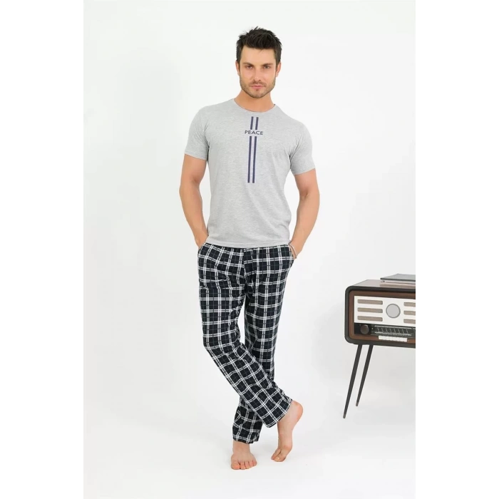 Moda Erkek Pamuk Kısa Kol Pijama Takım Gri