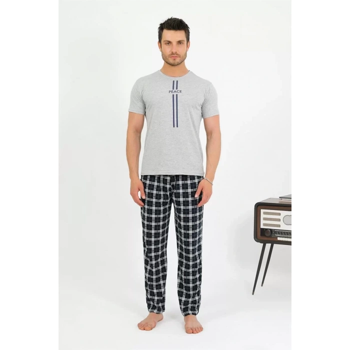 Moda Erkek Pamuk Kısa Kol Pijama Takım Gri