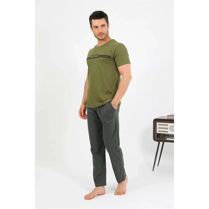 Moda Erkek Pamuk Kısa Kol Pijama Takım Haki