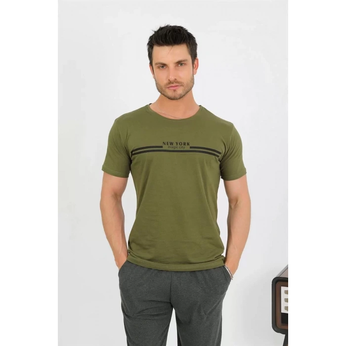 Moda Erkek Pamuk Kısa Kol Pijama Takım Haki