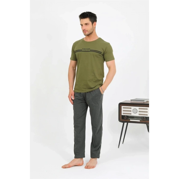 Moda Erkek Pamuk Kısa Kol Pijama Takım Haki