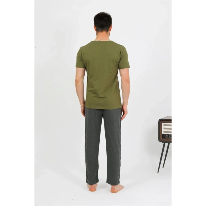 Moda Erkek Pamuk Kısa Kol Pijama Takım Haki
