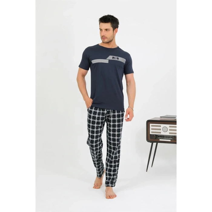 Moda Erkek Pamuk Kısa Kol Pijama Takım Lacivert