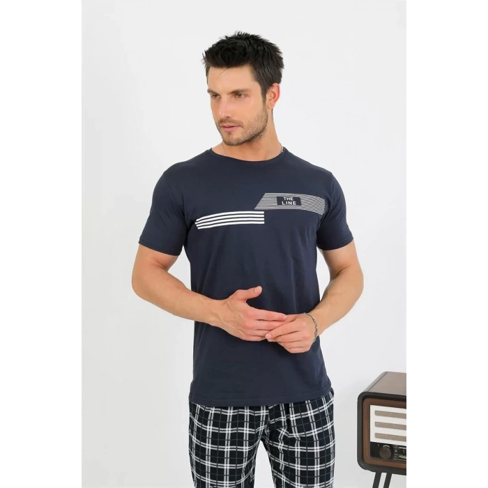 Moda Erkek Pamuk Kısa Kol Pijama Takım Lacivert