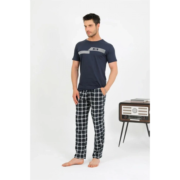 Moda Erkek Pamuk Kısa Kol Pijama Takım Lacivert