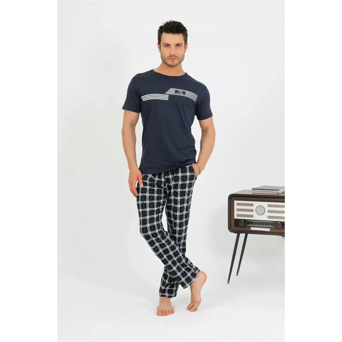 Moda Erkek Pamuk Kısa Kol Pijama Takım Lacivert