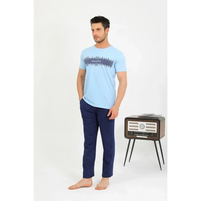 Moda Erkek Pamuk Kısa Kol Pijama Takım Mavi