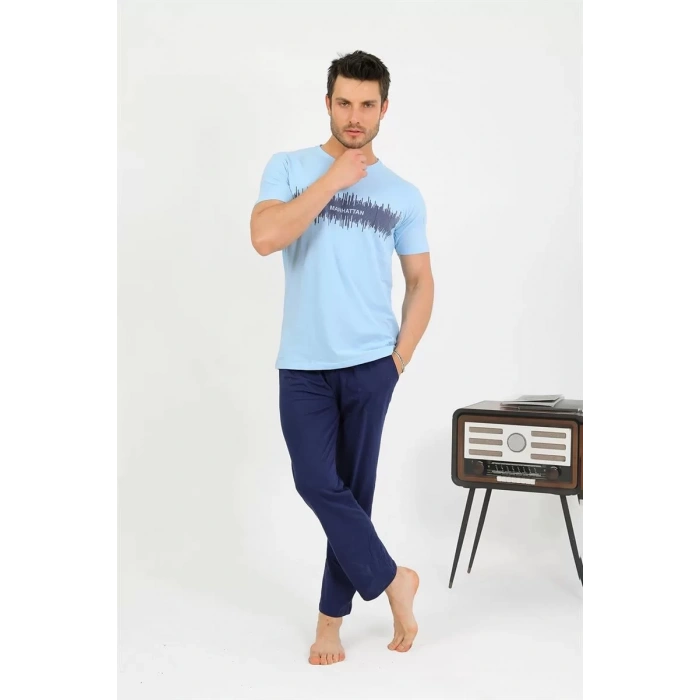 Moda Erkek Pamuk Kısa Kol Pijama Takım Mavi