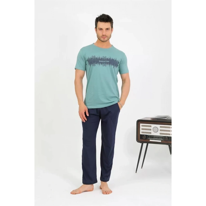 Moda Erkek Pamuk Kısa Kol Pijama Takım SuYeşili