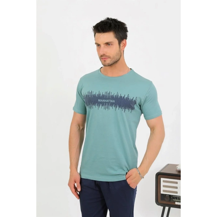 Moda Erkek Pamuk Kısa Kol Pijama Takım SuYeşili