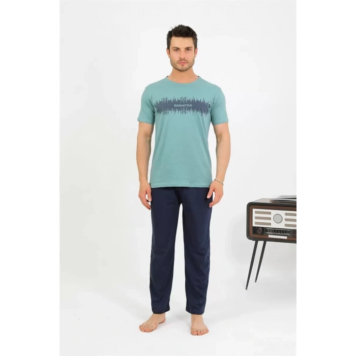 Moda Erkek Pamuk Kısa Kol Pijama Takım SuYeşili