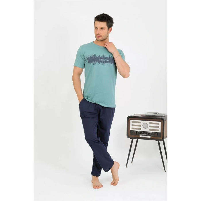 Moda Erkek Pamuk Kısa Kol Pijama Takım SuYeşili