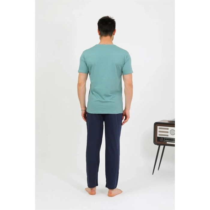 Moda Erkek Pamuk Kısa Kol Pijama Takım SuYeşili