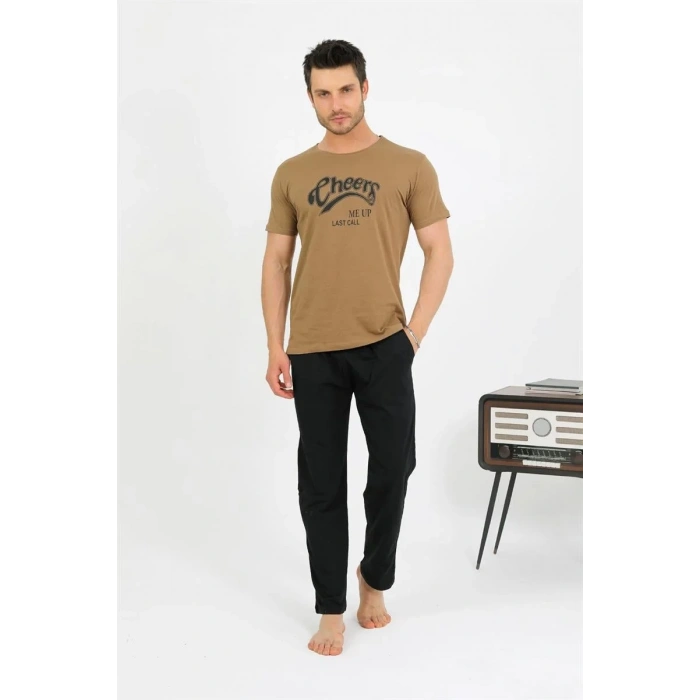 Moda Erkek Pamuk Kısa Kol Pijama Takım Vizon