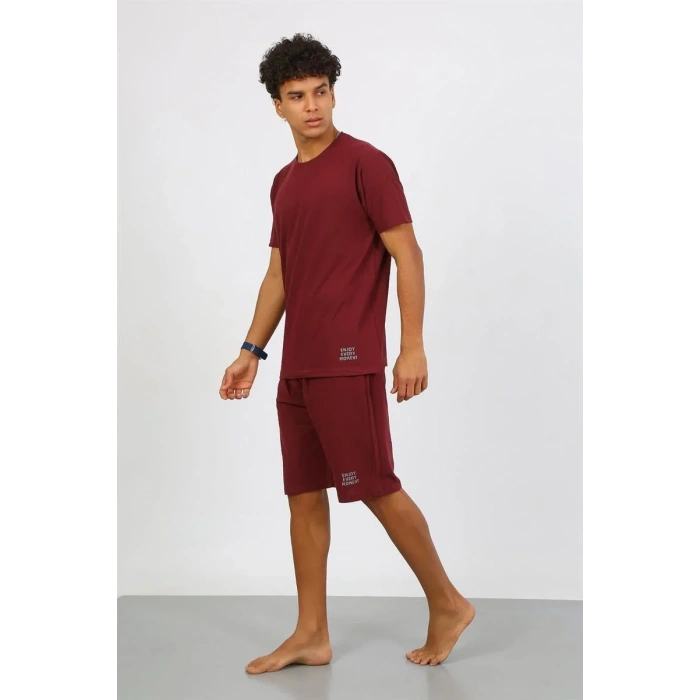 Moda Erkek Pamuk Lakost Alt Üst Kaprili Pijama Takım Bordo