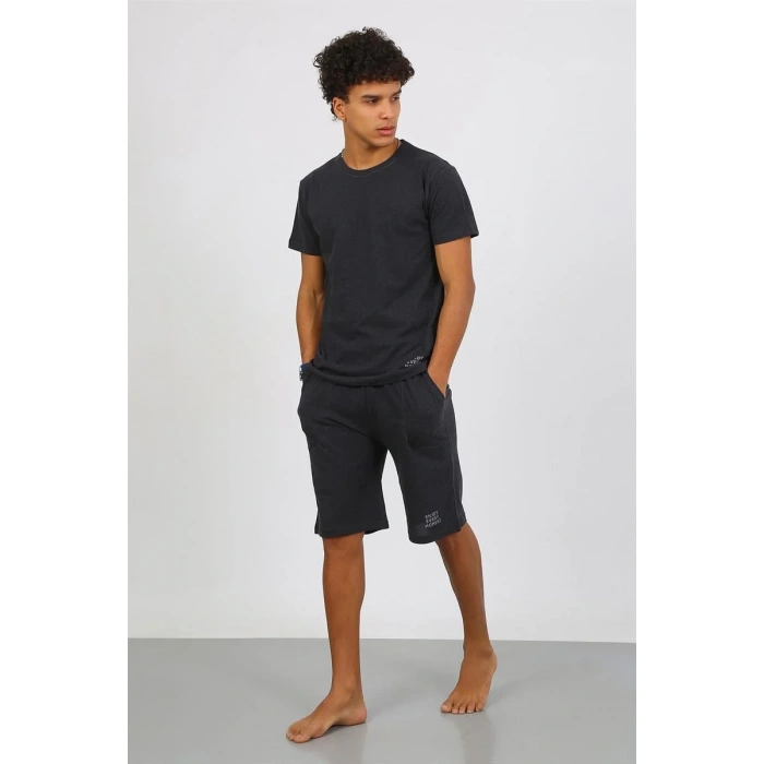 Moda Erkek Pamuk Lakost Alt Üst Kaprili Pijama Takım Füme