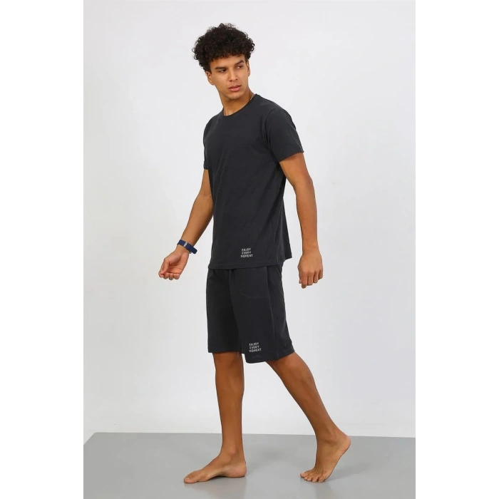 Moda Erkek Pamuk Lakost Alt Üst Kaprili Pijama Takım Füme