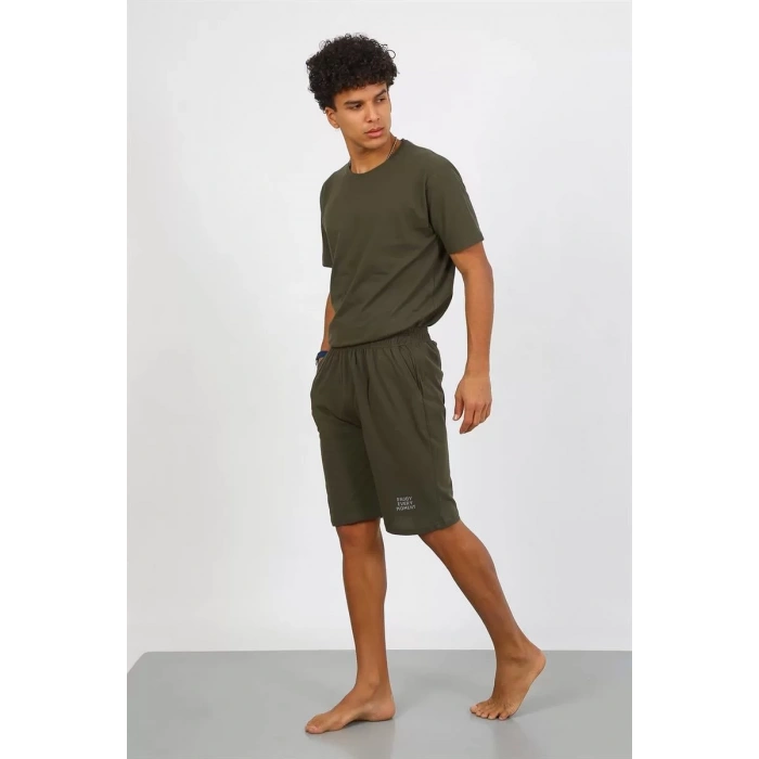 Moda Erkek Pamuk Lakost Alt Üst Kaprili Pijama Takım Haki