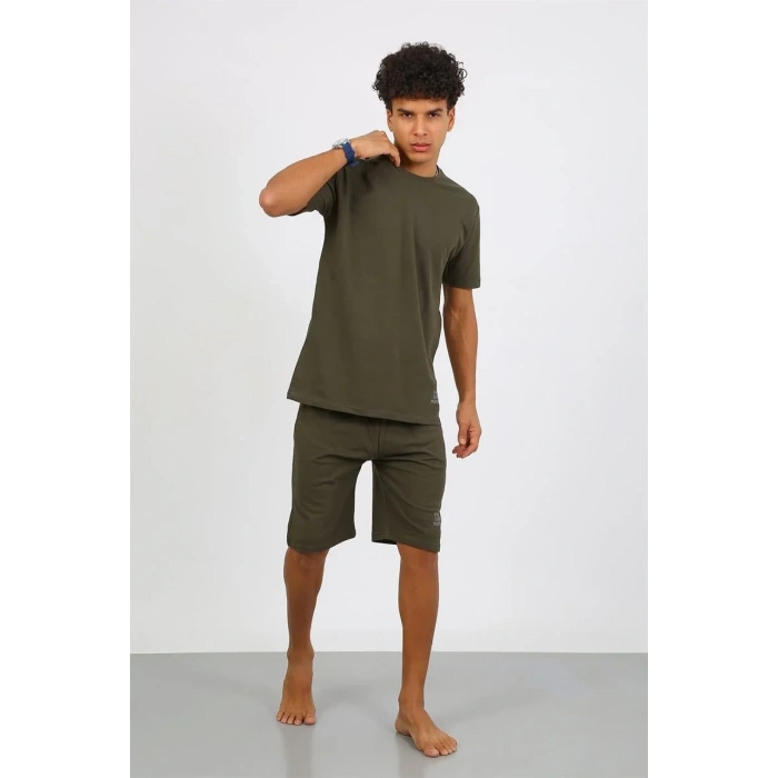 Moda Erkek Pamuk Lakost Alt Üst Kaprili Pijama Takım Haki