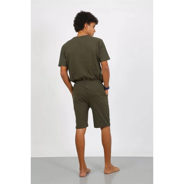 Moda Erkek Pamuk Lakost Alt Üst Kaprili Pijama Takım Haki