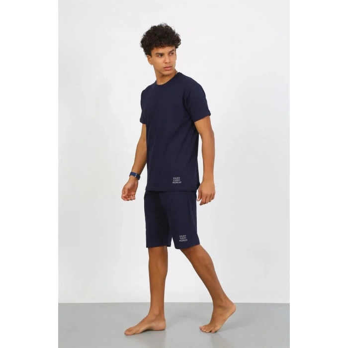 Moda Erkek Pamuk Lakost Alt Üst Kaprili Pijama Takım Lacivert