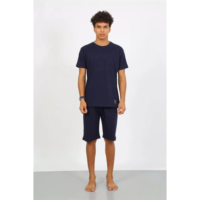 Moda Erkek Pamuk Lakost Alt Üst Kaprili Pijama Takım Lacivert