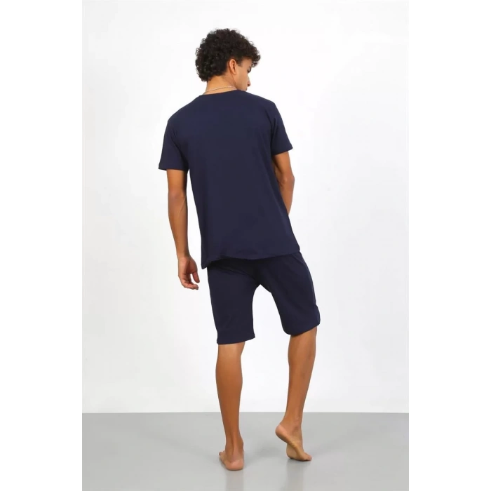 Moda Erkek Pamuk Lakost Alt Üst Kaprili Pijama Takım Lacivert