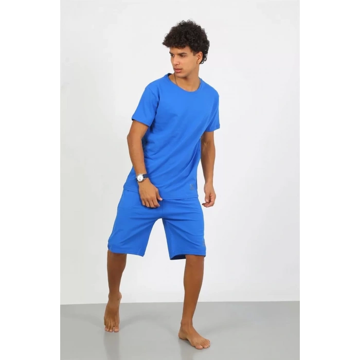 Moda Erkek Pamuk Lakost Alt Üst Kaprili Pijama Takım Saks