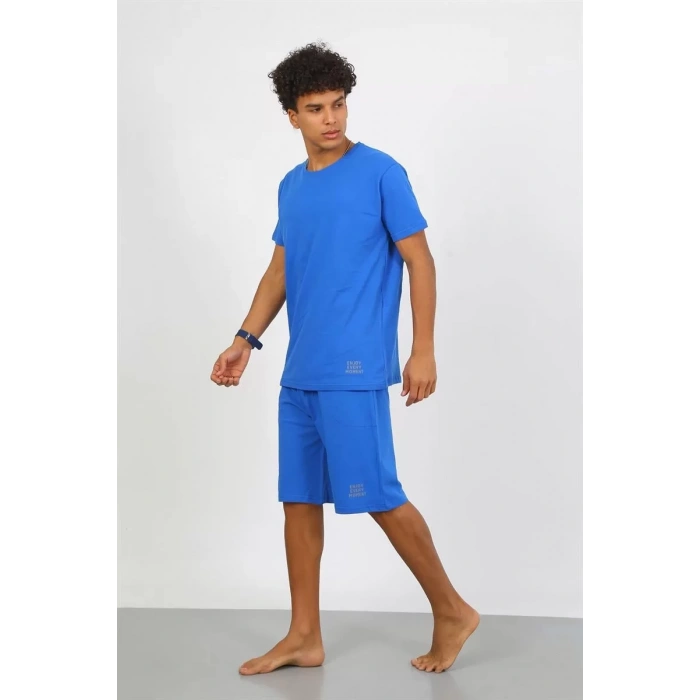 Moda Erkek Pamuk Lakost Alt Üst Kaprili Pijama Takım Saks