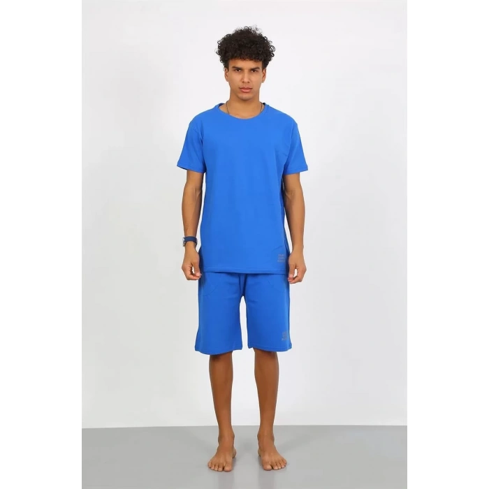 Moda Erkek Pamuk Lakost Alt Üst Kaprili Pijama Takım Saks