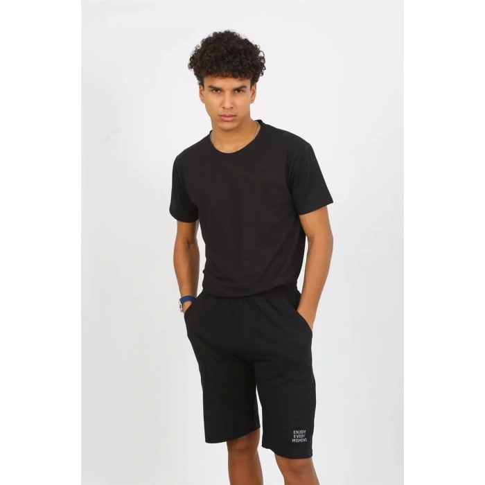 Moda Erkek Pamuk Lakost Alt Üst Kaprili Pijama Takım Siyah