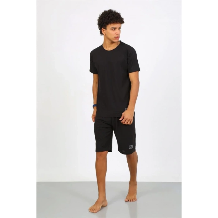 Moda Erkek Pamuk Lakost Alt Üst Kaprili Pijama Takım Siyah