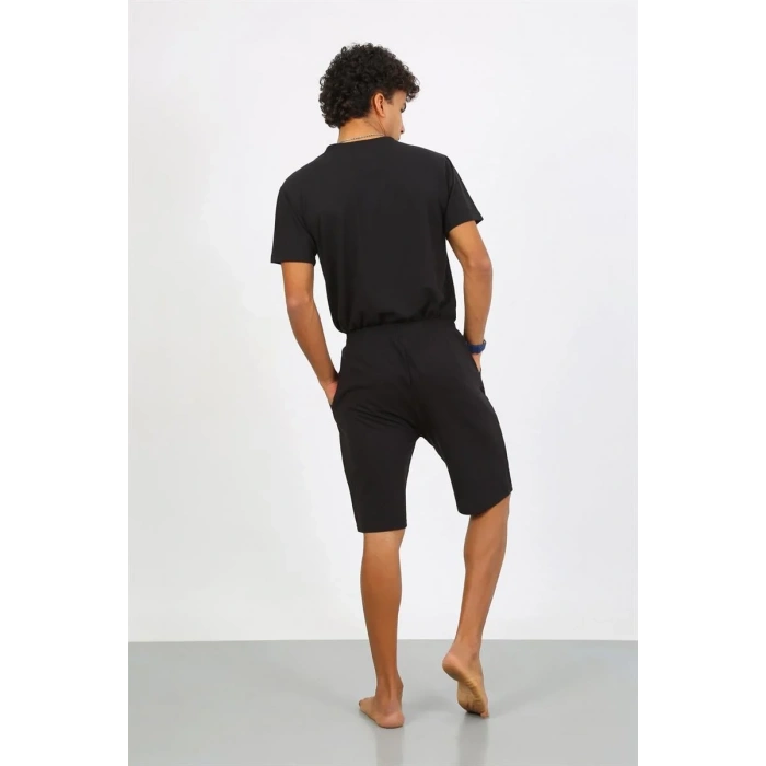 Moda Erkek Pamuk Lakost Alt Üst Kaprili Pijama Takım Siyah
