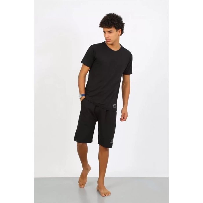 Moda Erkek Pamuk Lakost Alt Üst Kaprili Pijama Takım Siyah