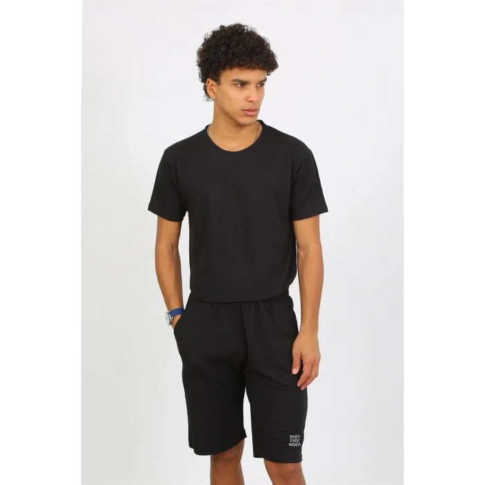 Moda Erkek Pamuk Lakost Alt Üst Kaprili Pijama Takım Siyah