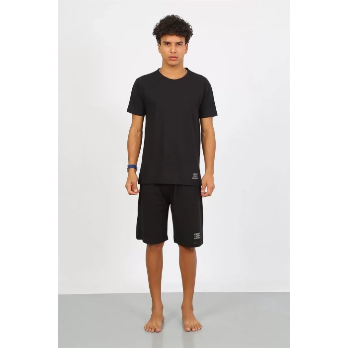 Moda Erkek Pamuk Lakost Alt Üst Kaprili Pijama Takım Siyah