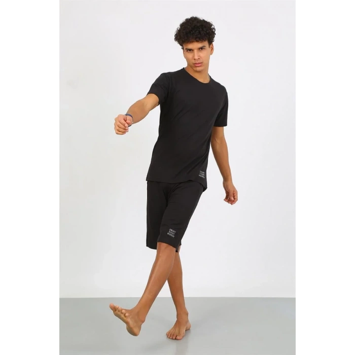 Moda Erkek Pamuk Lakost Alt Üst Kaprili Pijama Takım Siyah