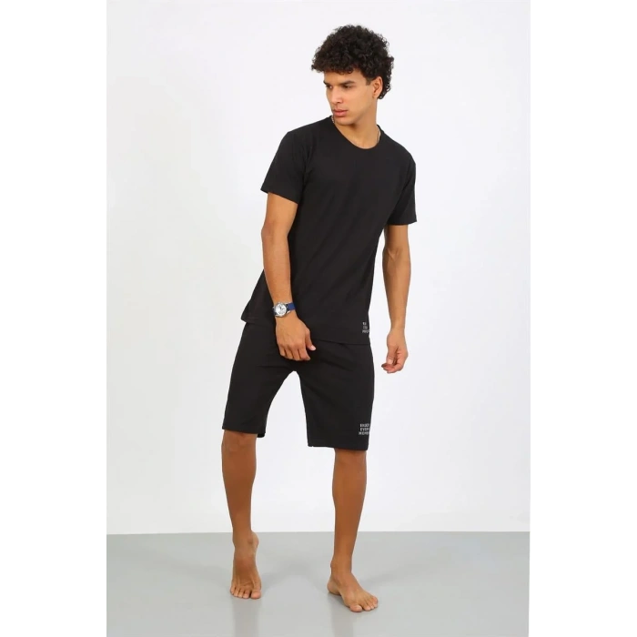 Moda Erkek Pamuk Lakost Alt Üst Kaprili Pijama Takım Siyah