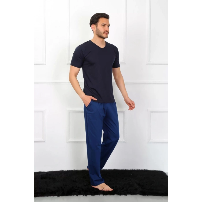 Moda Erkek Penye 3lü Lacivert V Yaka Pijama Takımı